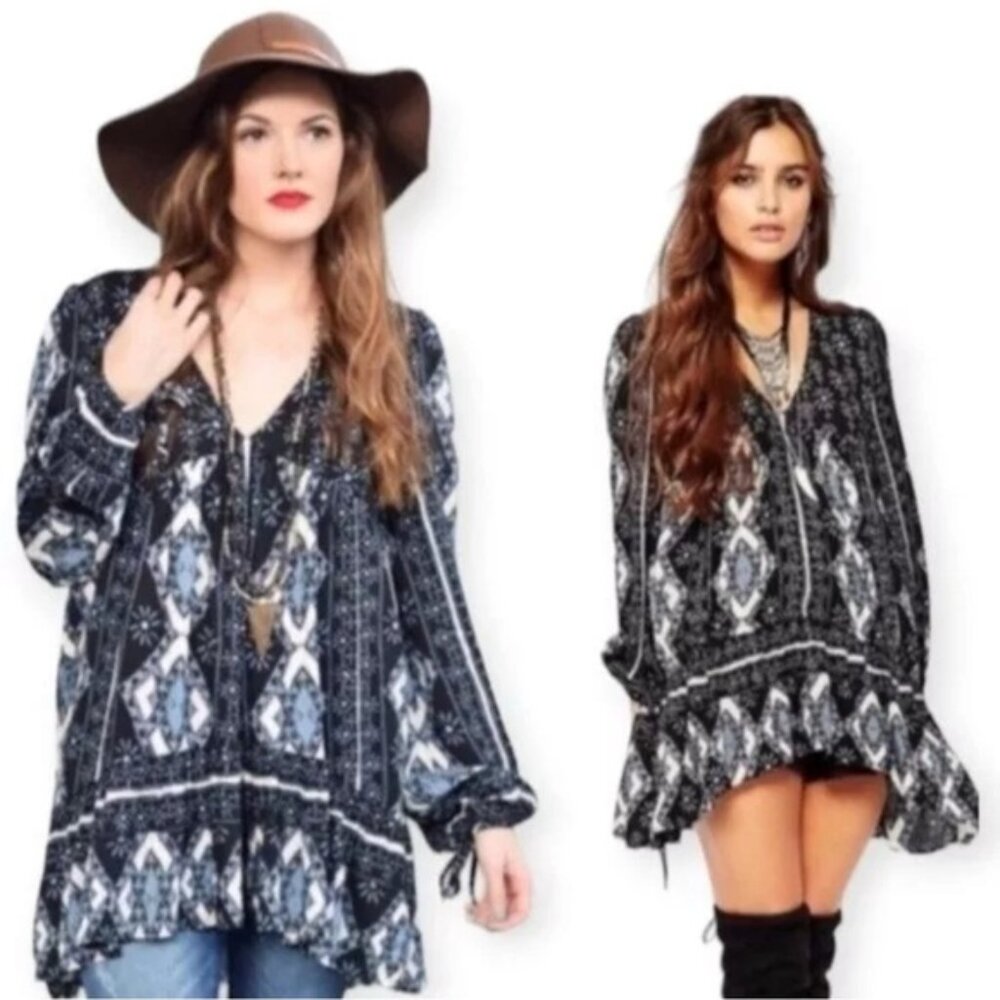 FREE‎ PEOPLE Down by the Bay TUNIC TOP MINI DRESS Peplum RAYON Size XS/TP - Picture 2 of 14